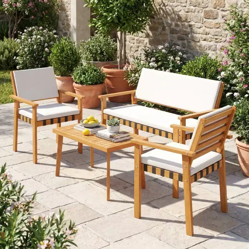 Gymax Ensemble de 4 pièces pour patio avec table basse en acacia et coussins blancs pour jardin