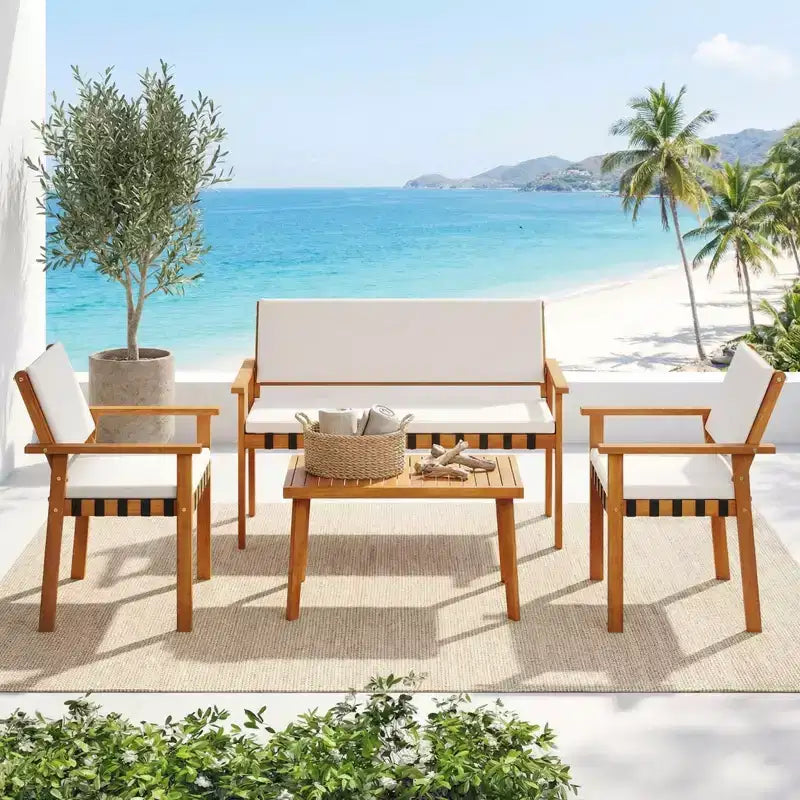 Gymax Ensemble de 4 pièces pour patio avec table basse en acacia et coussins blancs pour jardin