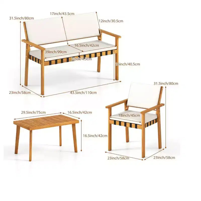 Gymax Ensemble de 4 pièces pour patio avec table basse en acacia et coussins blancs pour jardin