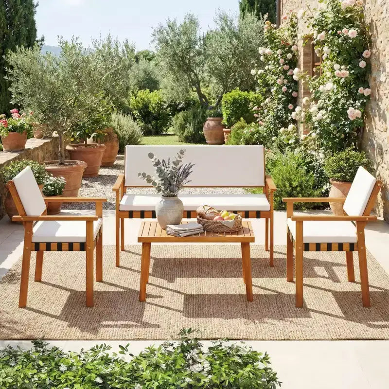 Gymax Ensemble de 4 pièces pour patio avec table basse en acacia et coussins blancs pour jardin