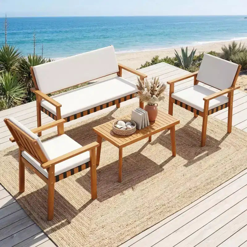 Gymax Ensemble de 4 pièces pour patio avec table basse en acacia et coussins blancs pour jardin