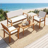 Gymax Ensemble de 4 pièces pour patio avec table basse en acacia et coussins blancs pour jardin