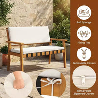 Gymax Ensemble de 4 pièces pour patio avec table basse en acacia et coussins blancs pour jardin