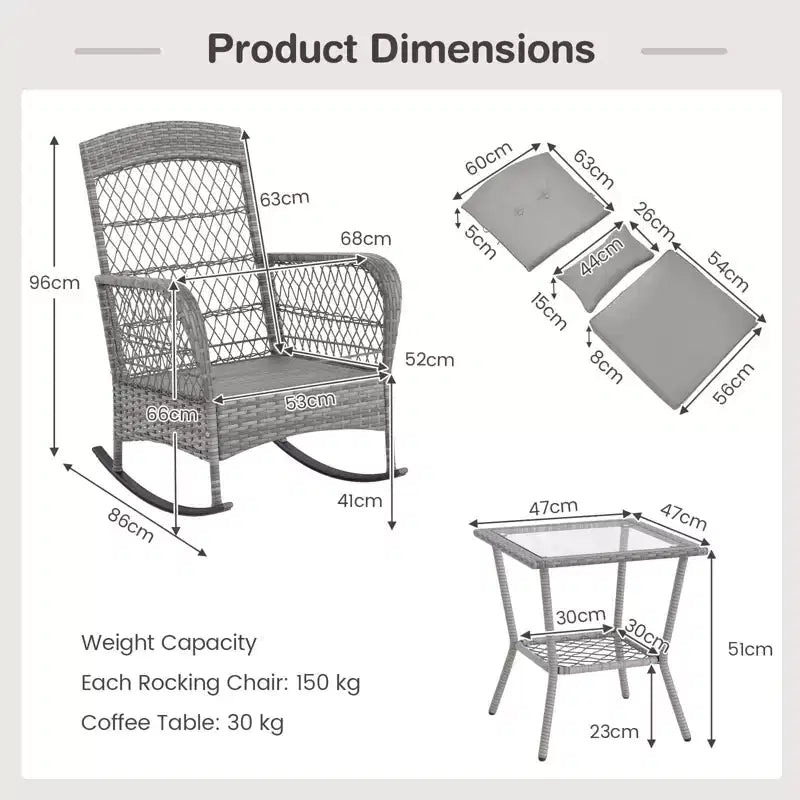 Ensemble bistro 3 pièces de chaises berçantes d'extérieur en osier avec table en verre trempé, mobilier de conversation de patio en rotin avec coussins pour balcon