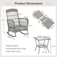 Ensemble bistro 3 pièces - Chaise à bascule d'extérieur en résine tressée avec table en verre trempé, mobilier de conversation de patio en rotin avec coussins et oreillers pour balcon
