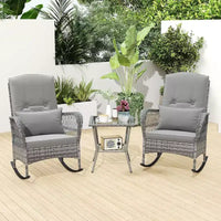 Ensemble bistro 3 pièces - Chaise à bascule d'extérieur en résine tressée avec table en verre trempé, mobilier de conversation de patio en rotin avec coussins et oreillers pour balcon