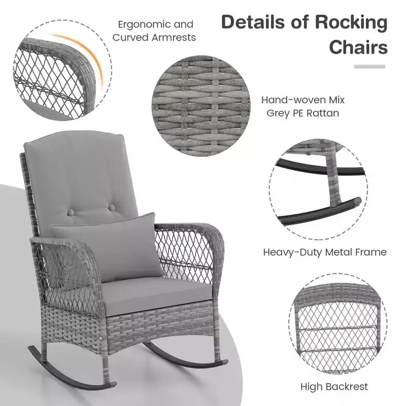 Ensemble bistro 3 pièces - Chaise à bascule d'extérieur en résine tressée avec table en verre trempé, mobilier de conversation de patio en rotin avec coussins et oreillers pour balcon