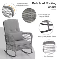 Ensemble bistro 3 pièces - Chaise à bascule d'extérieur en résine tressée avec table en verre trempé, mobilier de conversation de patio en rotin avec coussins et oreillers pour balcon