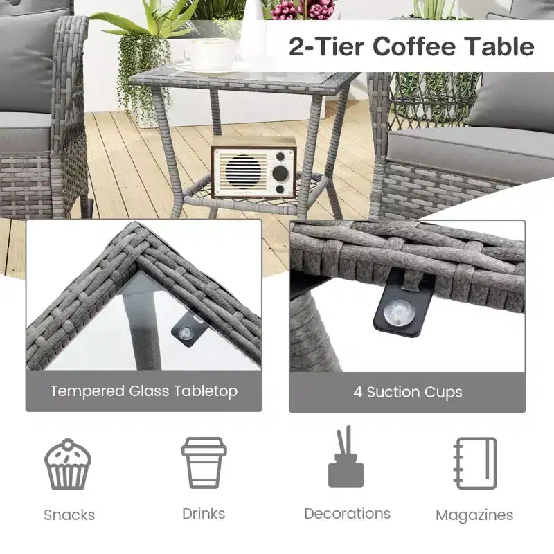 Ensemble bistro 3 pièces - Chaise à bascule d'extérieur en résine tressée avec table en verre trempé, mobilier de conversation de patio en rotin avec coussins et oreillers pour balcon