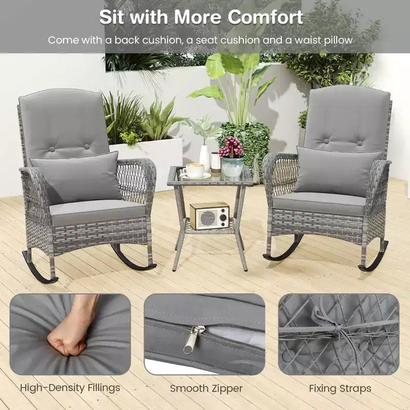 Ensemble bistro 3 pièces - Chaise à bascule d'extérieur en résine tressée avec table en verre trempé, mobilier de conversation de patio en rotin avec coussins et oreillers pour balcon