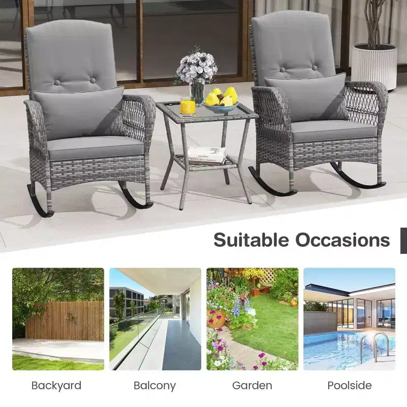 Ensemble bistro 3 pièces - Chaise à bascule d'extérieur en résine tressée avec table en verre trempé, mobilier de conversation de patio en rotin avec coussins et oreillers pour balcon