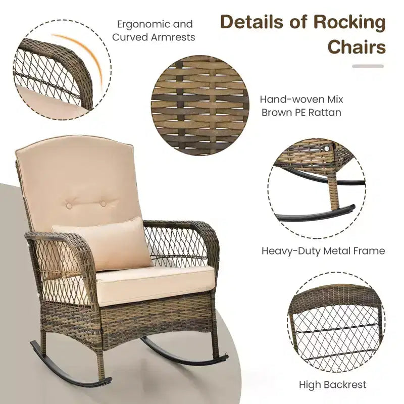 Ensemble bistro 3 pièces de chaises berçantes d'extérieur en osier avec table en verre trempé, mobilier de conversation de patio en rotin avec coussins pour balcon