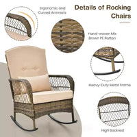 Ensemble bistro 3 pièces - Chaise à bascule d'extérieur en résine tressée avec table en verre trempé, mobilier de conversation de patio en rotin avec coussins et oreillers pour balcon