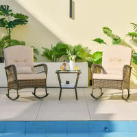 3-Piece Outdoor Wicker Rocking Chair Bistro Set w/ Tempered Glass Table, Rattan Patio Conversation Furniture w/ Cushions & Pillows for Balcony