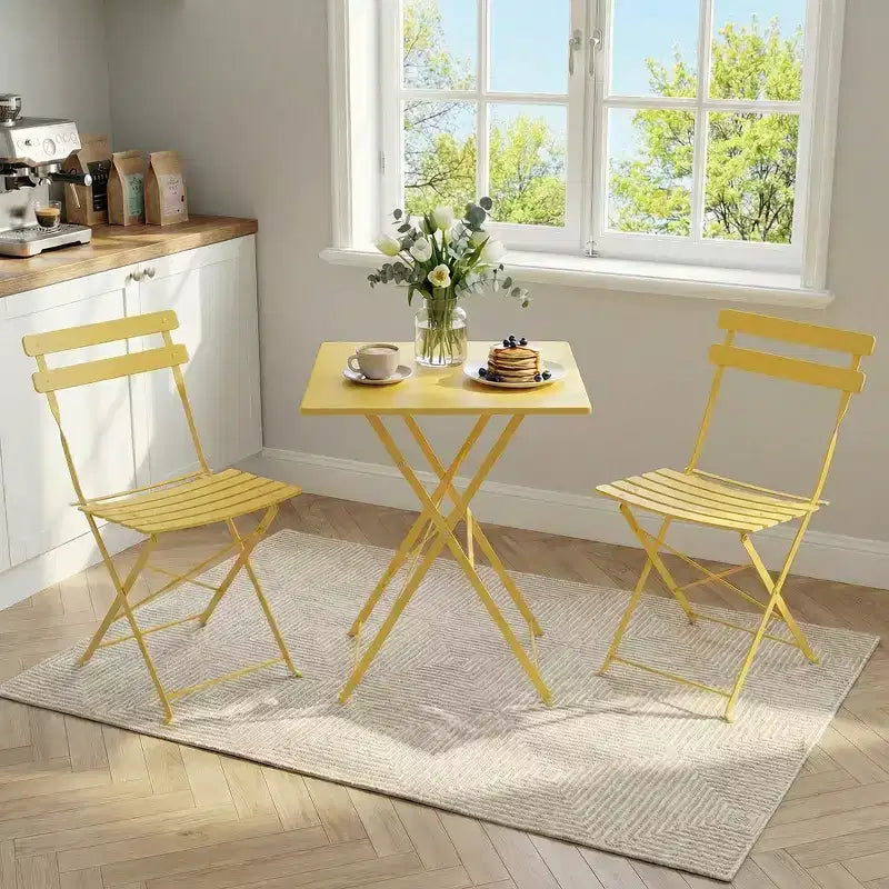 Ensemble bistro de patio 3 pièces gain de place - Table pliable en métal et 2 chaises, sans assemblage, mobilier de jardin d'intérieur/extérieur