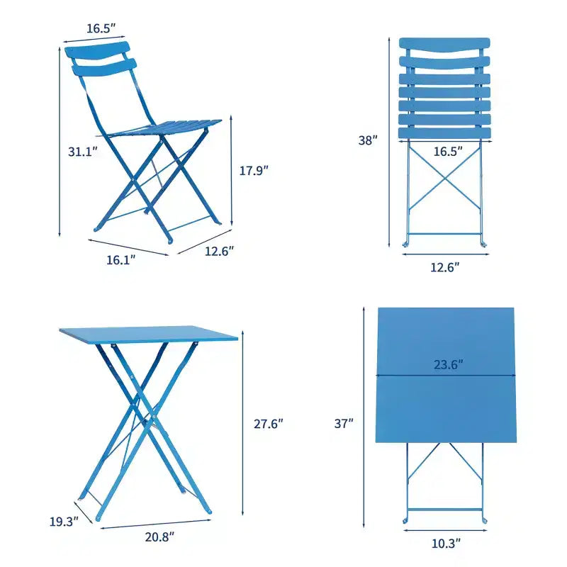 Ensemble bistro de patio 3 pièces gain de place - Table pliable en métal et 2 chaises, sans assemblage, mobilier de jardin d'intérieur/extérieur
