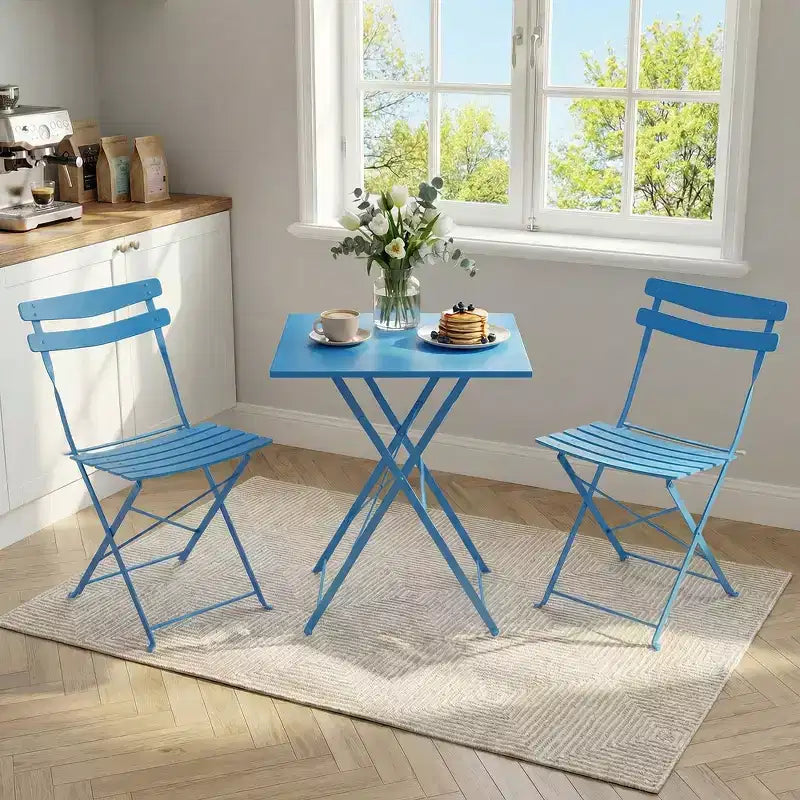 Ensemble bistro de patio 3 pièces gain de place - Table pliable en métal et 2 chaises, sans assemblage, mobilier de jardin d'intérieur/extérieur