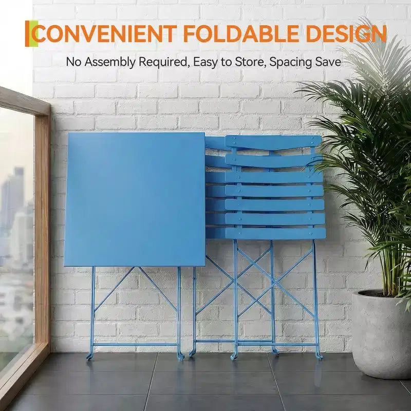 Ensemble bistro de patio 3 pièces gain de place - Table pliable en métal et 2 chaises, sans assemblage, mobilier de jardin d'intérieur/extérieur