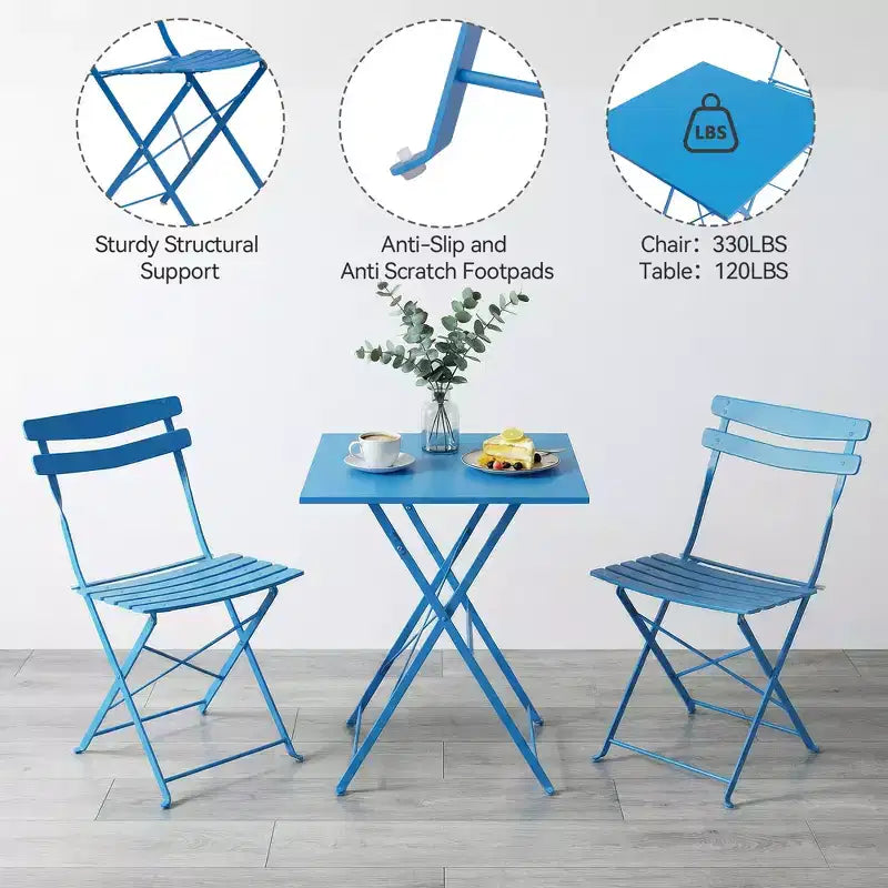 Ensemble bistro de patio 3 pièces gain de place - Table pliable en métal et 2 chaises, sans assemblage, mobilier de jardin d'intérieur/extérieur