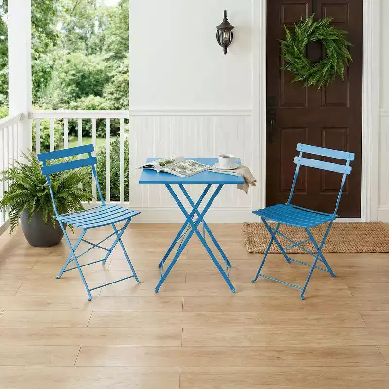 Ensemble bistro de patio 3 pièces gain de place - Table pliable en métal et 2 chaises, sans assemblage, mobilier de jardin d'intérieur/extérieur