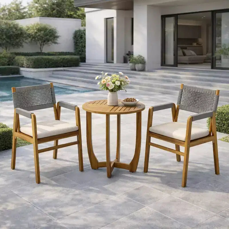 ModernLuxe Ensemble bistro d'extérieur, ensemble de salle à manger, bois d'acacia massif, ensemble de conversation de terrasse 3 pièces avec fauteuils rembourrés