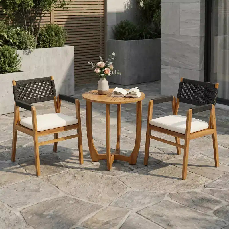 ModernLuxe Ensemble bistro d'extérieur, ensemble de salle à manger, bois d'acacia massif, ensemble de conversation de terrasse 3 pièces avec fauteuils rembourrés