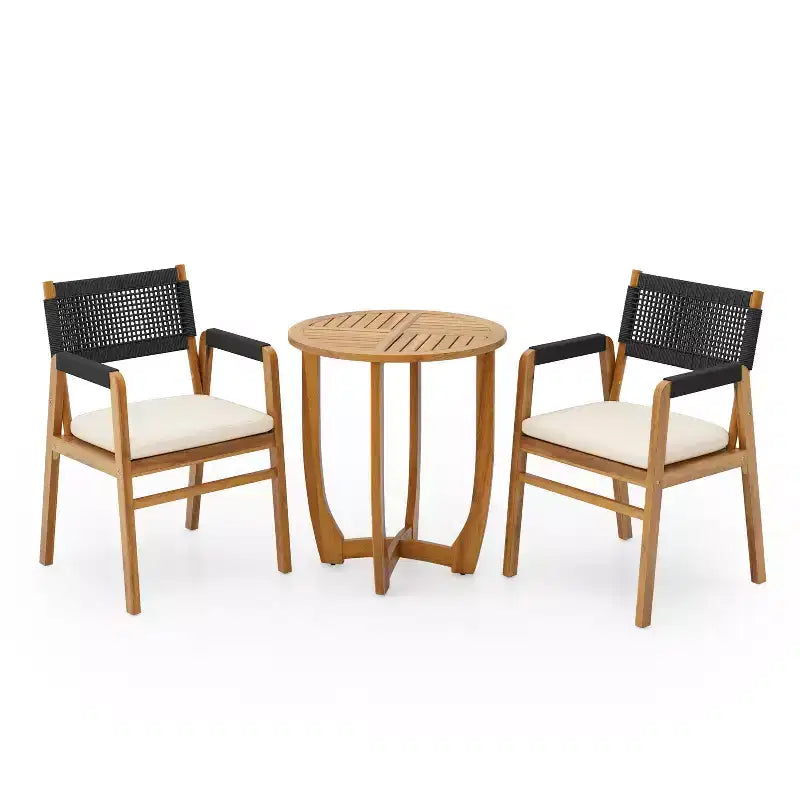 ModernLuxe Ensemble bistro d'extérieur, ensemble de salle à manger, bois d'acacia massif, ensemble de conversation de terrasse 3 pièces avec fauteuils rembourrés