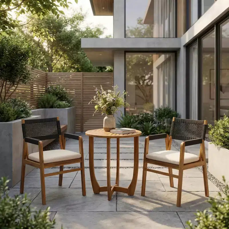 ModernLuxe Outdoor Bistro Set Dining Set, Solid Acacia Wood 3-Piece Patio Conversation Set with Upholstered Armchairs