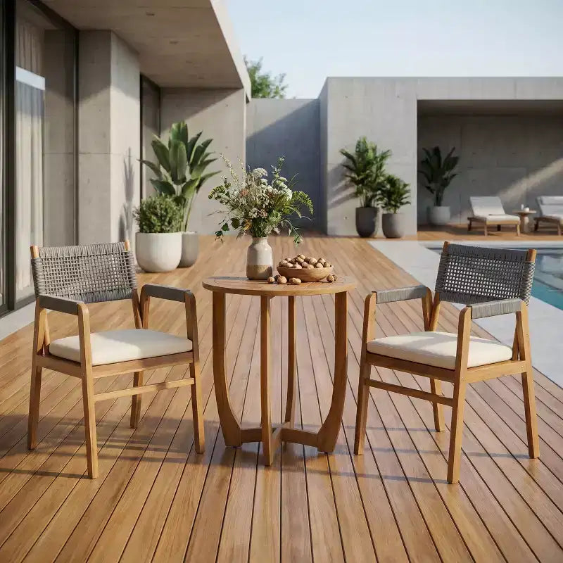 ModernLuxe Ensemble bistro d'extérieur, ensemble de salle à manger, bois d'acacia massif, ensemble de conversation de terrasse 3 pièces avec fauteuils rembourrés