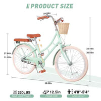 Vélo Cruiser Fille NAYSAYE avec Panier Avant et Cadre en Acier Robuste pour un Trajet Urbain Confortable, Vert, 58.39*24.53*36.93
