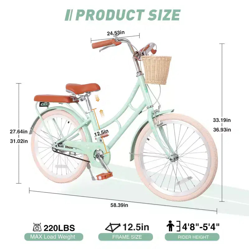 Vélo Cruiser Fille NAYSAYE avec Panier Avant et Cadre en Acier Robuste pour un Trajet Urbain Confortable, Vert, 58.39*24.53*36.93
