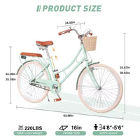 Vélo de ville NAYSAYE pour femme avec panier avant et cadre robuste pour un trajet confortable en ville, vert, 63.98*24.53*38.82