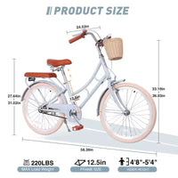 Vélo de croisière de plage NAYSAYE pour filles avec panier avant et cadre en acier robuste pour un trajet confortable en ville, bleu, 58,39 x 24,53 x 36,93
