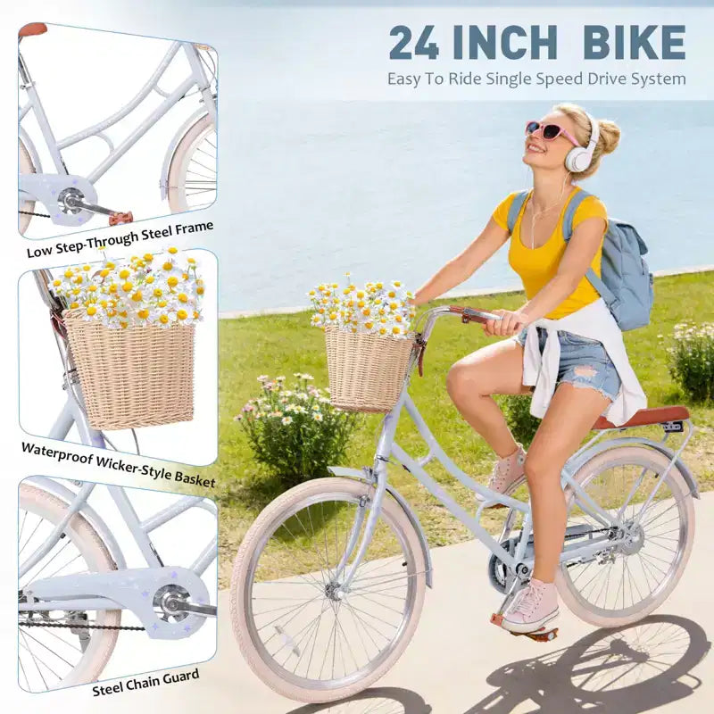 Vélo de ville NAYSAYE pour femme avec panier avant et cadre robuste pour des trajets urbains confortables, bleu, 63.98*24.53*38.82