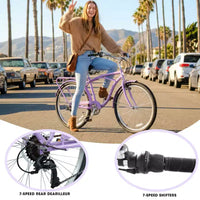 NAYSAYE Vélo de plage Cruiser 7 vitesses, cadre en acier, roues en alliage, freins en V pour hommes femmes loisirs, violet, blanc, 67.8*42.51*28.74