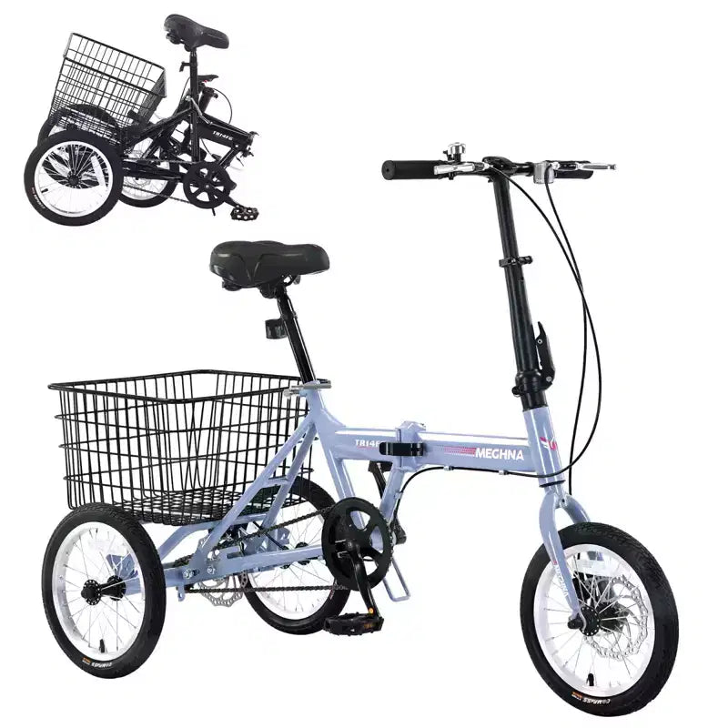 NAYSAYE Tricycle pliant pour adultes avec panier, cadre en acier pliable, grande capacité de charge pour le shopping et les voyages en extérieur, bleu, 53,54*23,23*39,49
