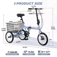 NAYSAYE Tricycle pliant pour adultes avec panier, cadre en acier pliable, grande capacité de charge pour le shopping et les voyages en extérieur, bleu, 53,54*23,23*39,49