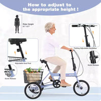 NAYSAYE Tricycle pliant pour adultes avec panier, cadre en acier pliable, grande capacité de charge pour le shopping et les voyages en extérieur, bleu, 53,54*23,23*39,49