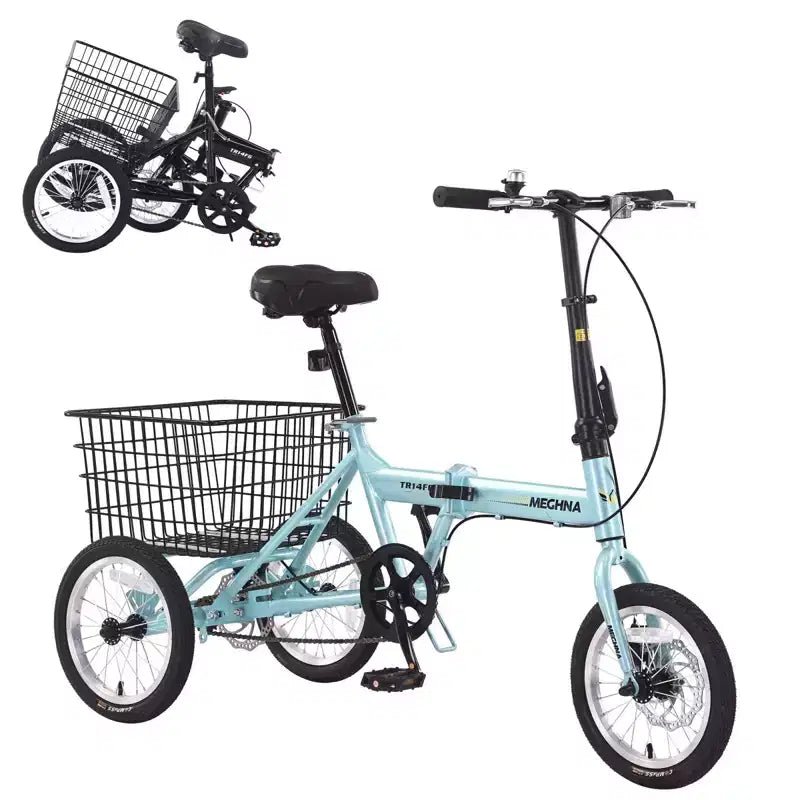 Tricycle pliant à 3 roues pour adultes NAYSAYE avec panier, cadre en acier pliable et grande capacité de charge, bleu clair, 53.54*23.23*39.49