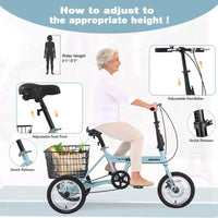 Tricycle pliant à 3 roues pour adultes NAYSAYE avec panier, cadre en acier pliable et grande capacité de charge, bleu clair, 53.54*23.23*39.49