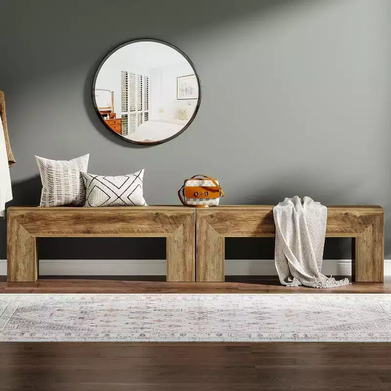 Banc d'entrée en bois Lantine 47'', banc d'entrée farmhouse avec rangement pour salon, chambre, couloir, montage facile, chêne brun