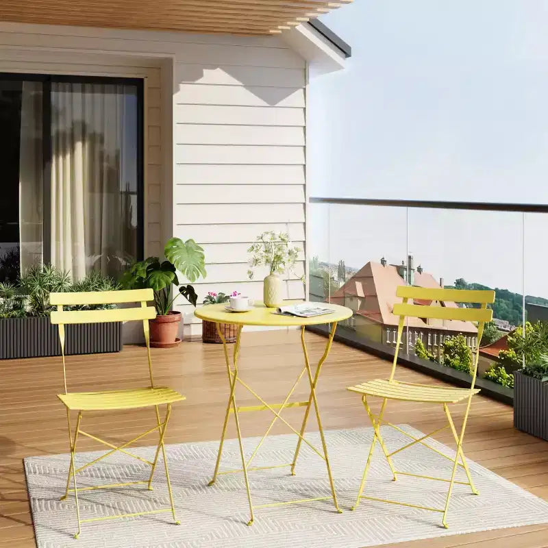 Ensemble bistro de terrasse en acier 3 pièces peu encombrant - table pliante et 2 chaises, cadre supérieur, résistant aux intempéries, sans montage, portable pour jardin, balcon