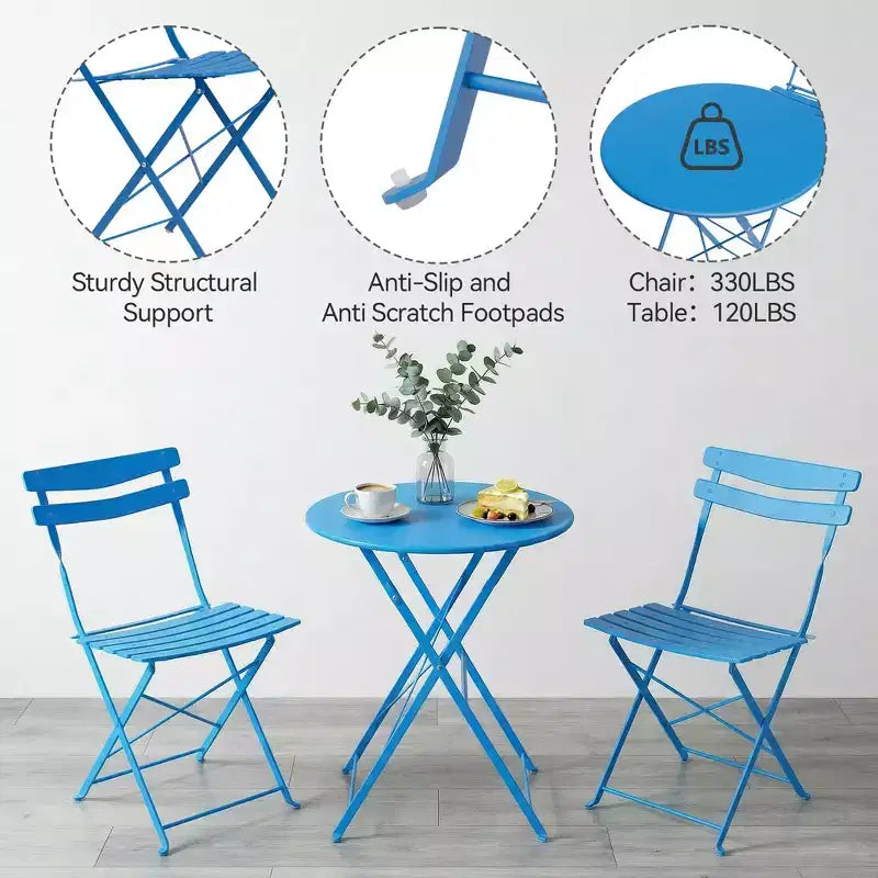 Ensemble bistro de patio pliant 3 pièces, table et chaises bistro extérieur/intérieur avec structure métallique, table ronde portable avec 2 chaises pour jardin porche