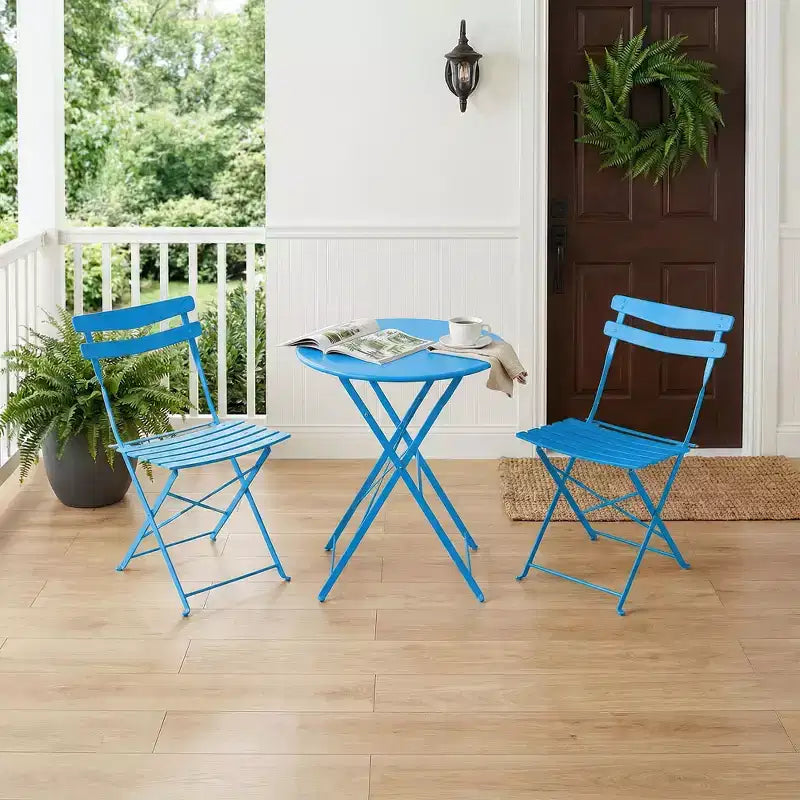 Ensemble bistro de patio pliant 3 pièces, table et chaises bistro extérieur/intérieur avec structure métallique, table ronde portable avec 2 chaises pour jardin porche