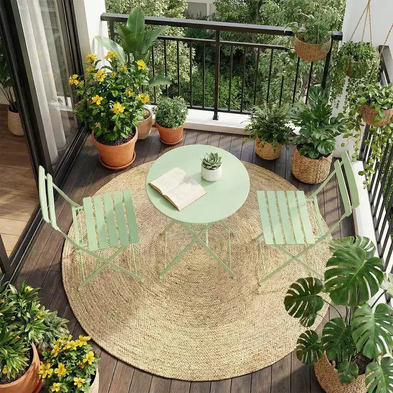 Ensemble bistro de patio pliant 3 pièces, table et chaises bistro extérieur/intérieur avec structure métallique, table ronde portable avec 2 chaises pour jardin porche