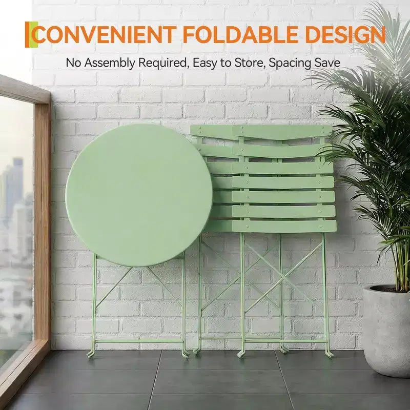 Ensemble bistro de patio pliant 3 pièces, table et chaises bistro extérieur/intérieur avec structure métallique, table ronde portable avec 2 chaises pour jardin porche