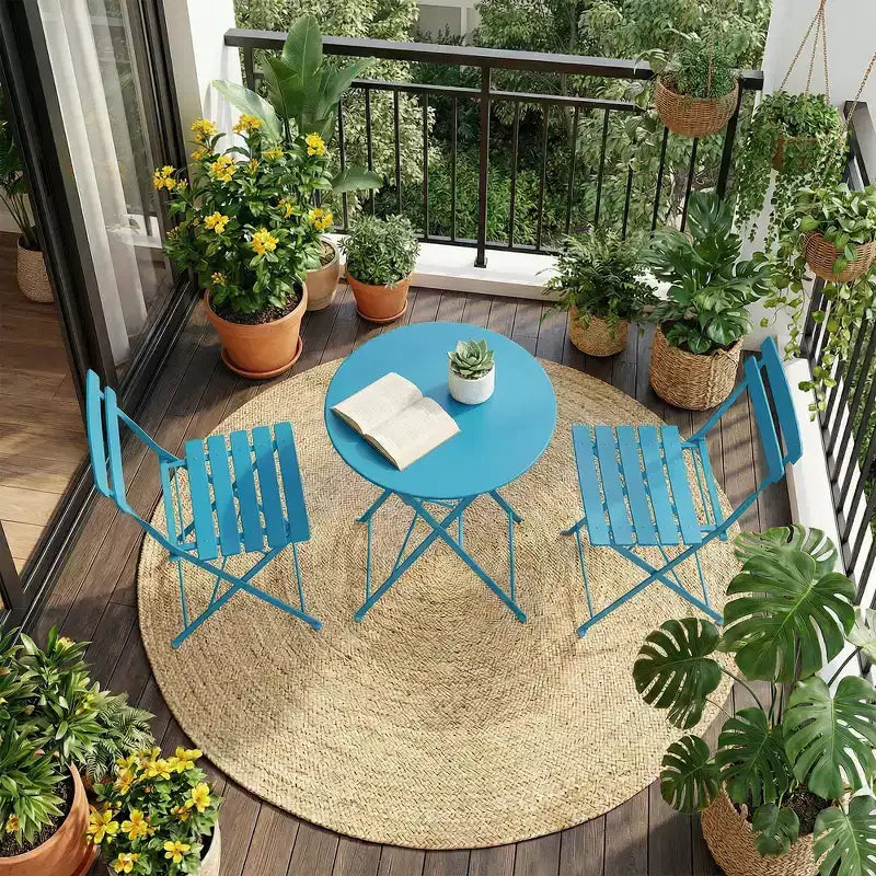 Ensemble bistro de patio pliant 3 pièces, table et chaises bistro extérieur/intérieur avec structure métallique, table ronde portable avec 2 chaises pour jardin porche