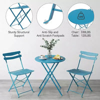 Ensemble bistro de patio pliant 3 pièces, table et chaises bistro extérieur/intérieur avec structure métallique, table ronde portable avec 2 chaises pour jardin porche