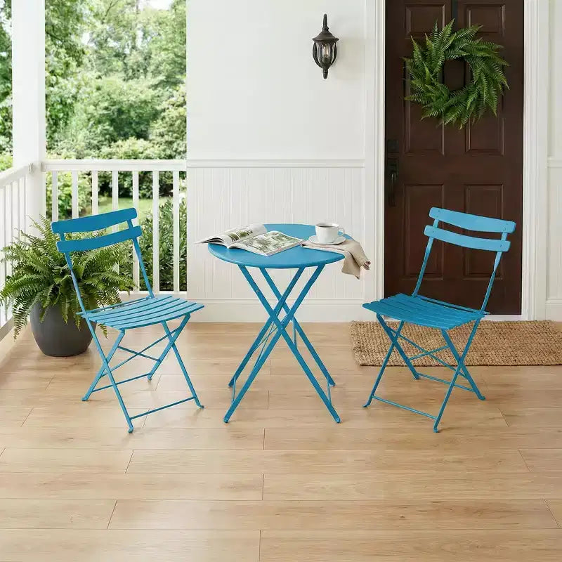 Ensemble bistro de patio pliant 3 pièces, table et chaises bistro extérieur/intérieur avec structure métallique, table ronde portable avec 2 chaises pour jardin porche