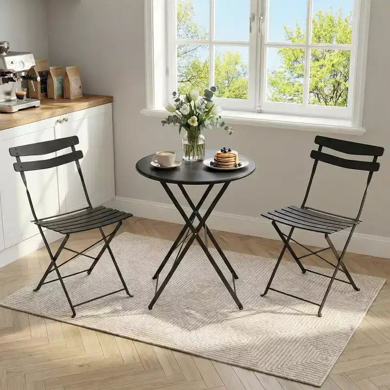 Ensemble bistro de patio pliant 3 pièces, table et chaises bistro extérieur/intérieur avec structure métallique, table ronde portable avec 2 chaises pour jardin porche